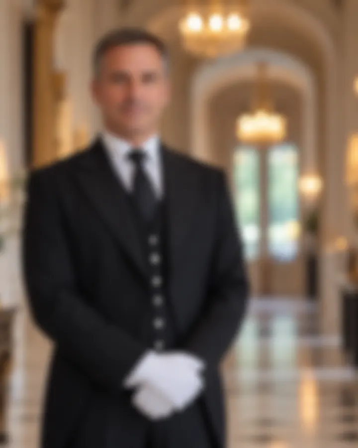 Butler in formal tailcoat and white gloves in a grand hallway, face blurred for privacy