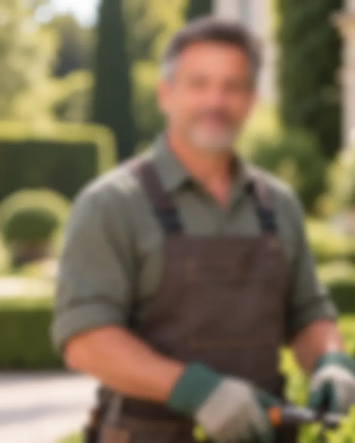 Head gardener with shears in a formal estate garden, face blurred for privacy