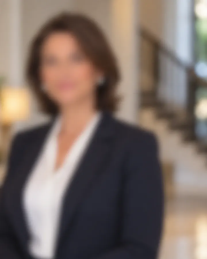 House manager in a navy blazer beside a grand staircase, face blurred for privacy