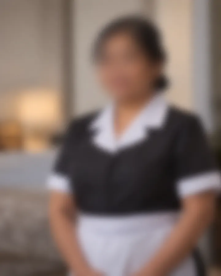 Housekeeper in uniform in an elegant home, face blurred for privacy