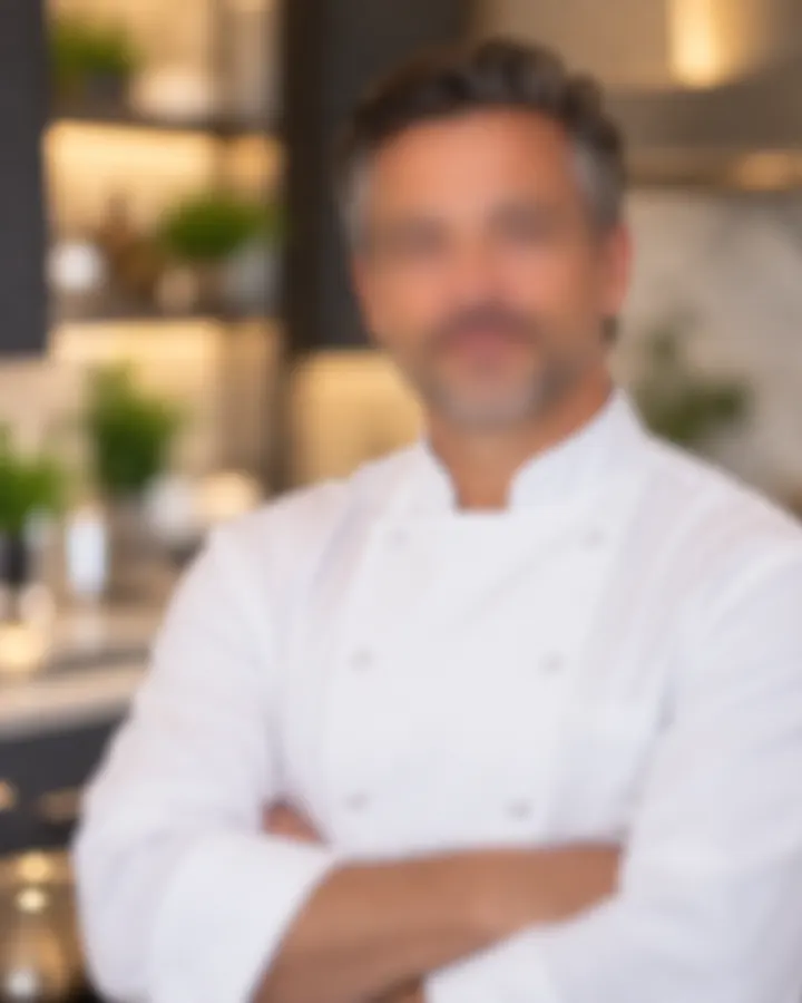 Private chef in whites standing in a luxury kitchen, face blurred for privacy
