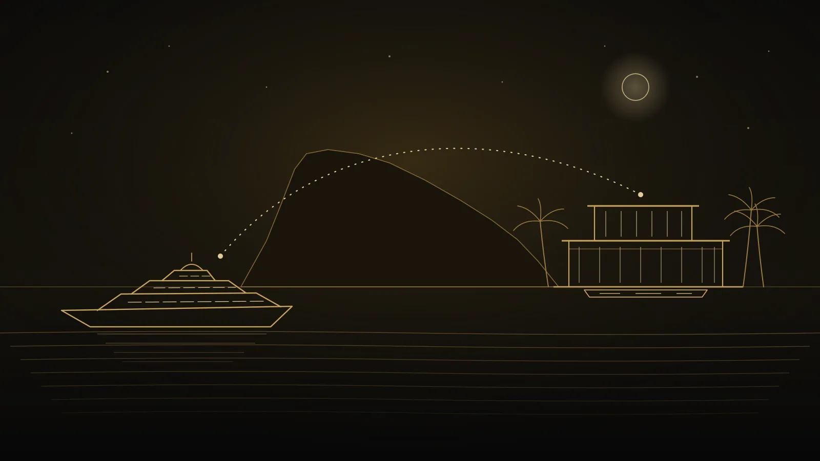 Gold line illustration of a superyacht in the bay below the Rock of Gibraltar, joined by a dotted path to a villa with palm trees on the shore